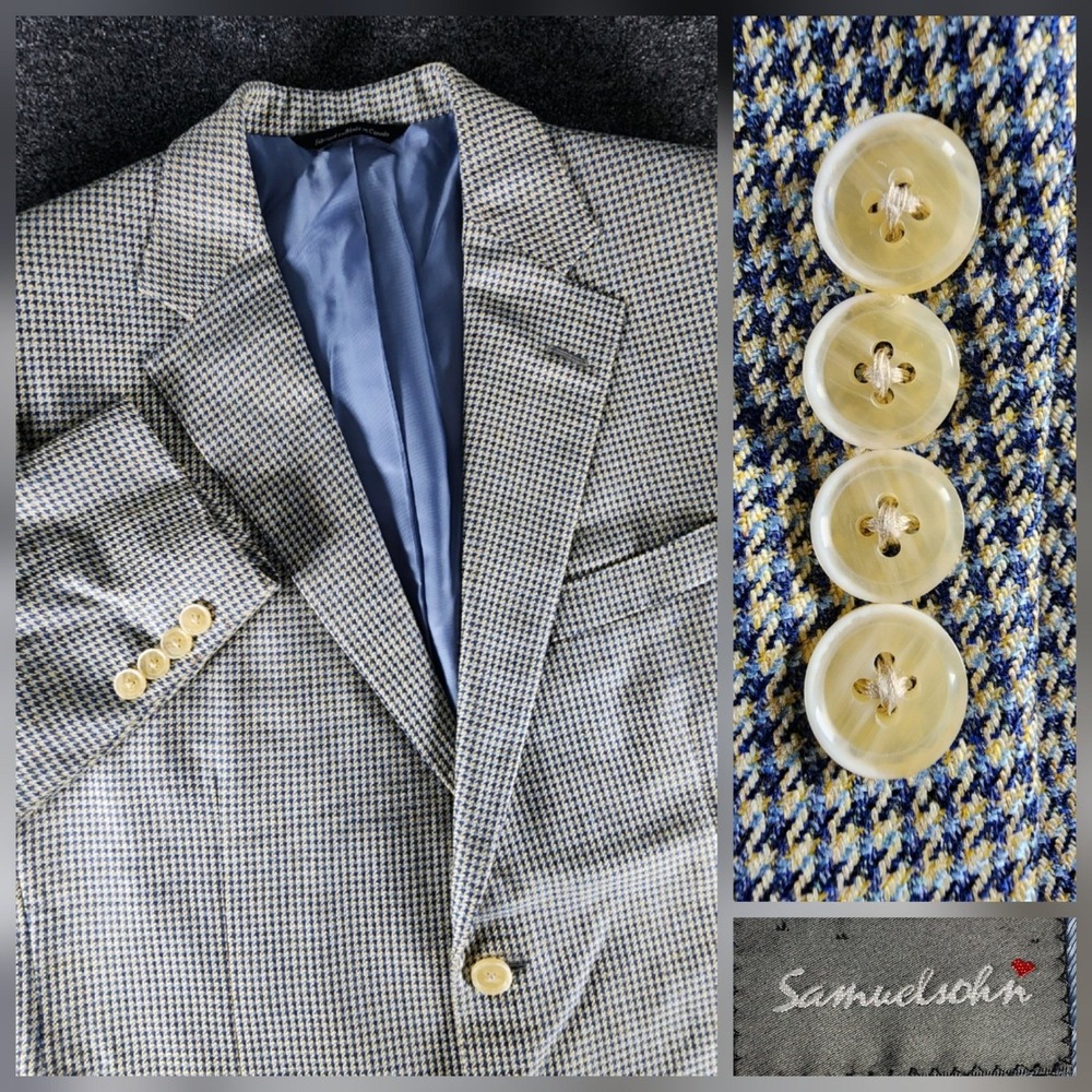 Samuelsohn Mens 40R Silk Wool Houndstooth Sport Coat Blazer Blue & Tan EUC